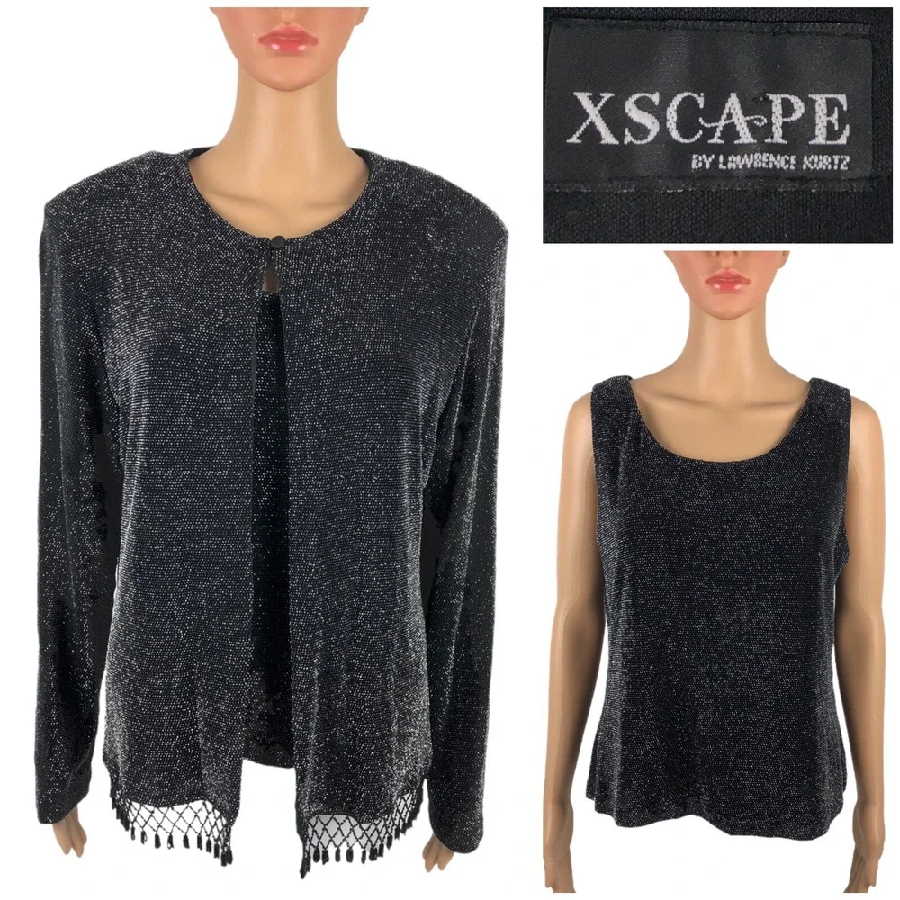Xscape Women XL Tank Top Jacket Twin Set Black Fringe Metallic Silver Beaded EUC